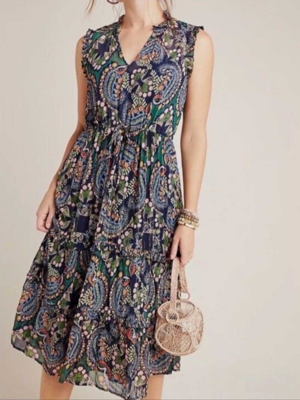 Anthropologie Elmira Drawstring Ruffle Paisley Midi Dress Black Green Metallic